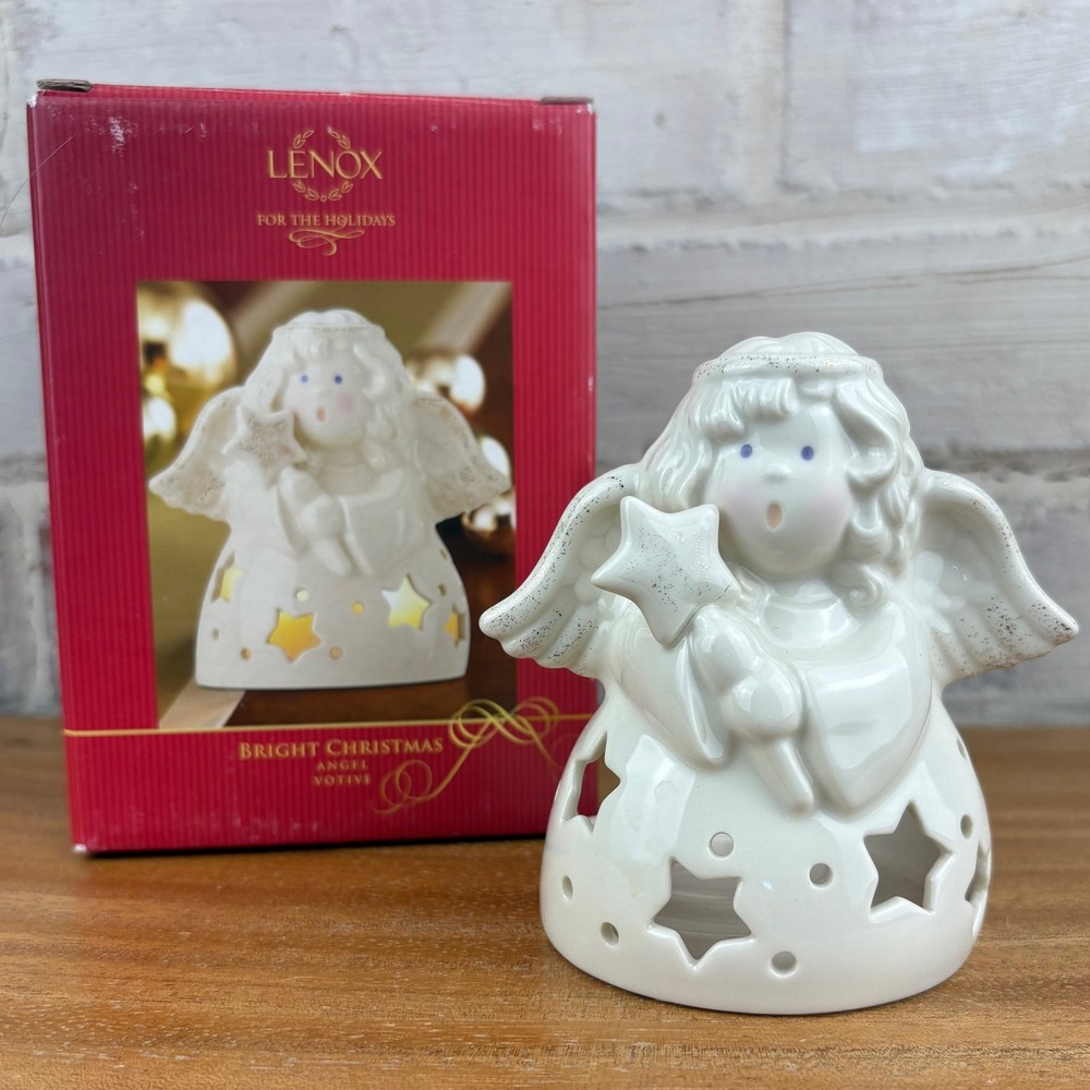Lenox Bright Christmas Angel Votive Tealight Candle Holder Star Cutouts w/ Box